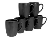 Sechser-Set dunkelgrauer Keramik-Kaffeebecher mit geriffelter Struktur und Henkel, schräg von vorne in leicht erhöhter Perspektive fotografiert