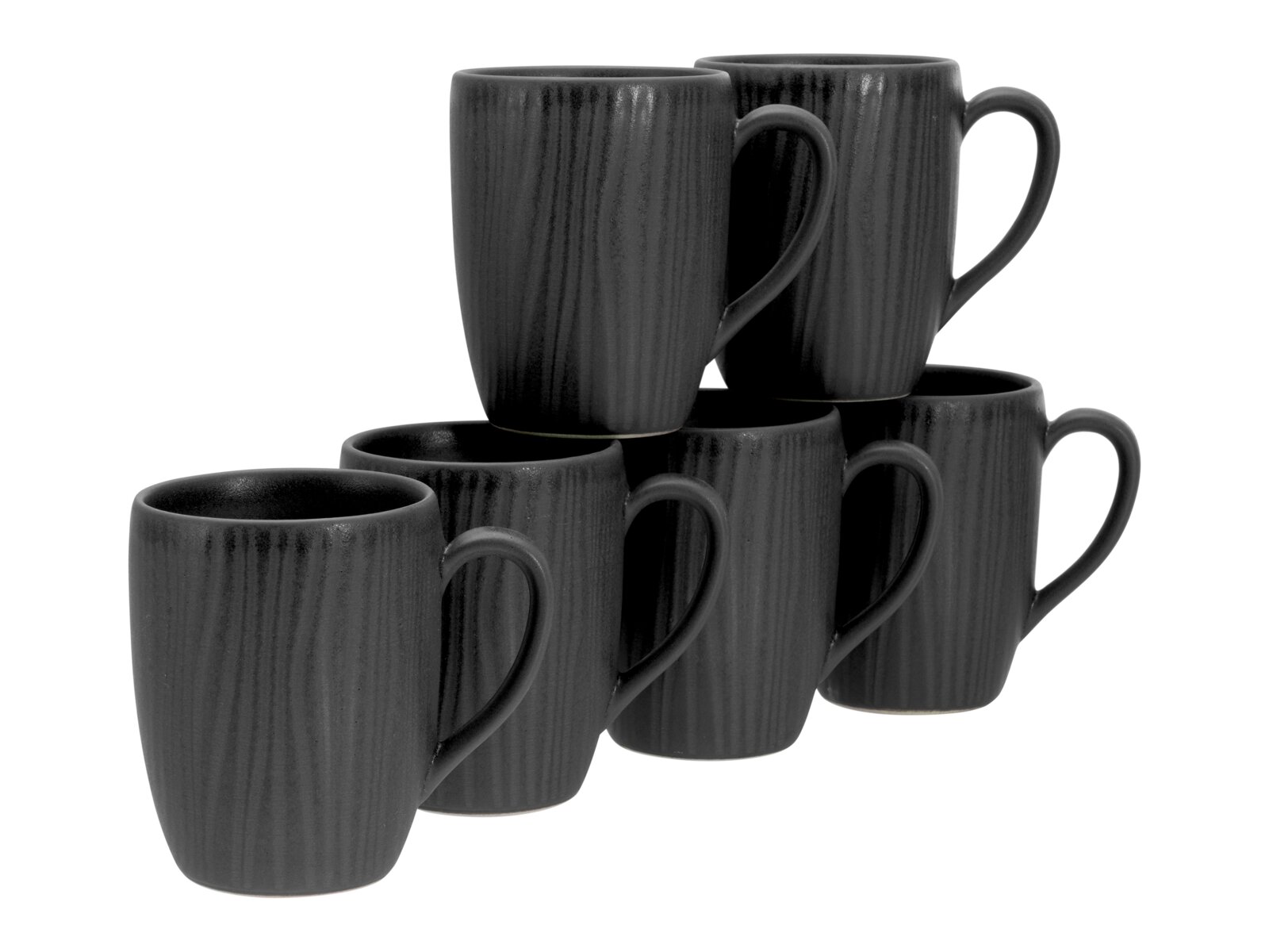 Sechser-Set dunkelgrauer Keramik-Kaffeebecher mit geriffelter Struktur und Henkel, schräg von vorne in leicht erhöhter Perspektive fotografiert