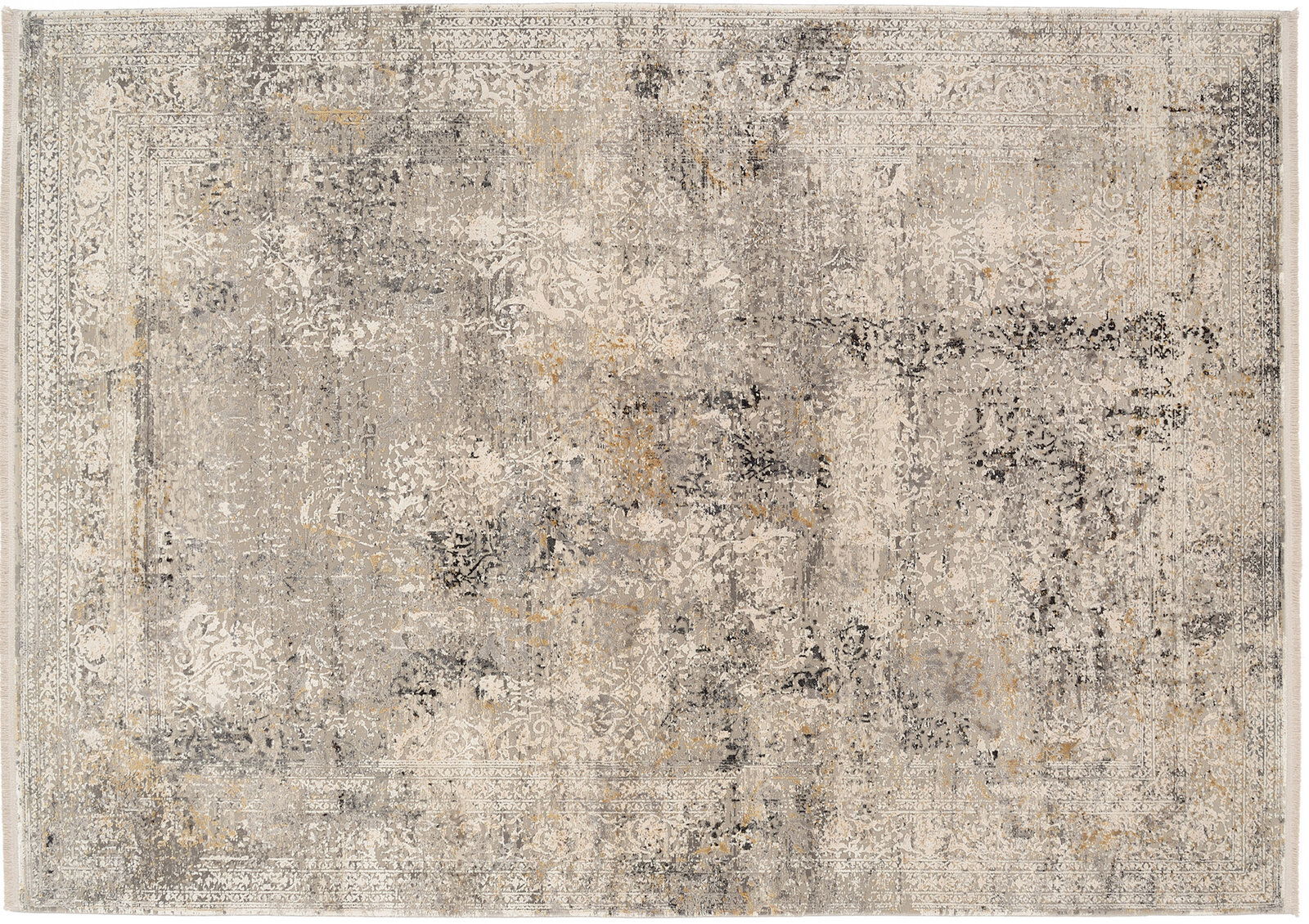 Designer Teppich in Grau- und Beigetönen mit einem abstrakten, verwitterten Muster, aus der Vogelperspektive fotografiert.