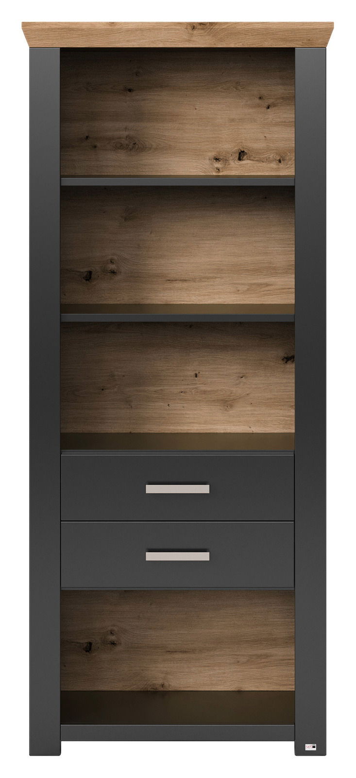 Set one by Musterring Regal YORK Frontale Ansicht eines modernen Regals mit Holzoptik und zwei Schubladen in dunklem Grau.