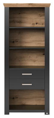 Frontale Ansicht eines modernen Regals mit Holzoptik und zwei Schubladen in dunklem Grau.