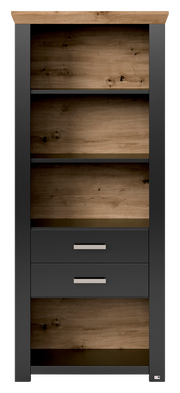 Frontale Ansicht eines modernen Regals mit Holzoptik und zwei Schubladen in dunklem Grau.