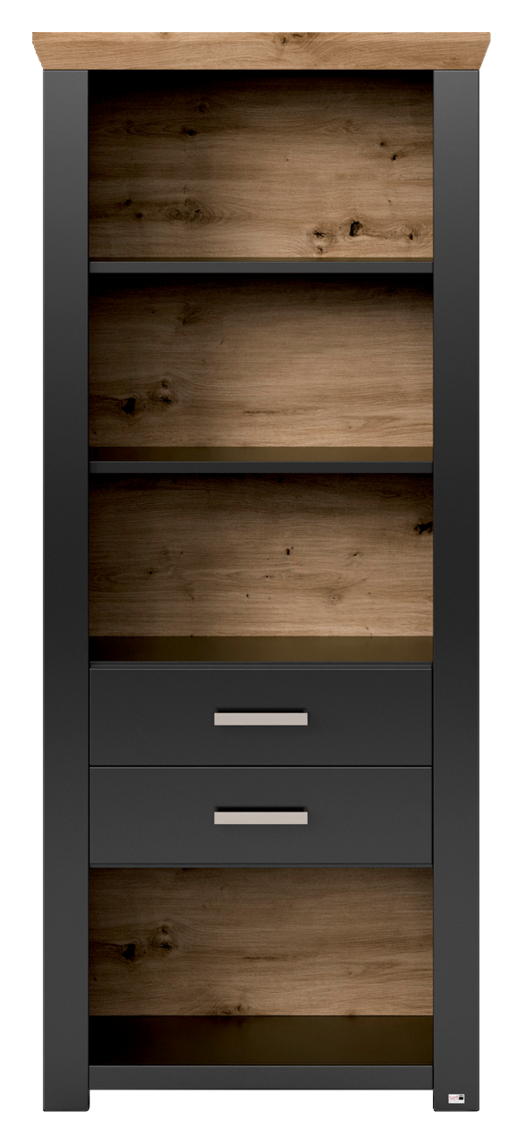 Frontale Ansicht eines modernen Regals mit Holzoptik und zwei Schubladen in dunklem Grau.