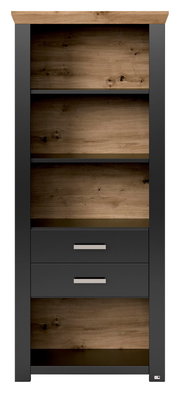 Frontale Ansicht eines modernen Regals mit Holzoptik und zwei Schubladen in dunklem Grau.