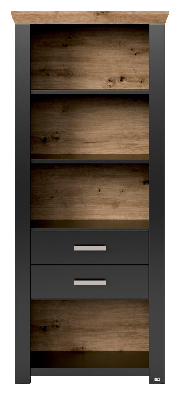 Set one by Musterring Regal YORK Frontale Ansicht eines modernen Regals mit Holzoptik und zwei Schubladen in dunklem Grau.