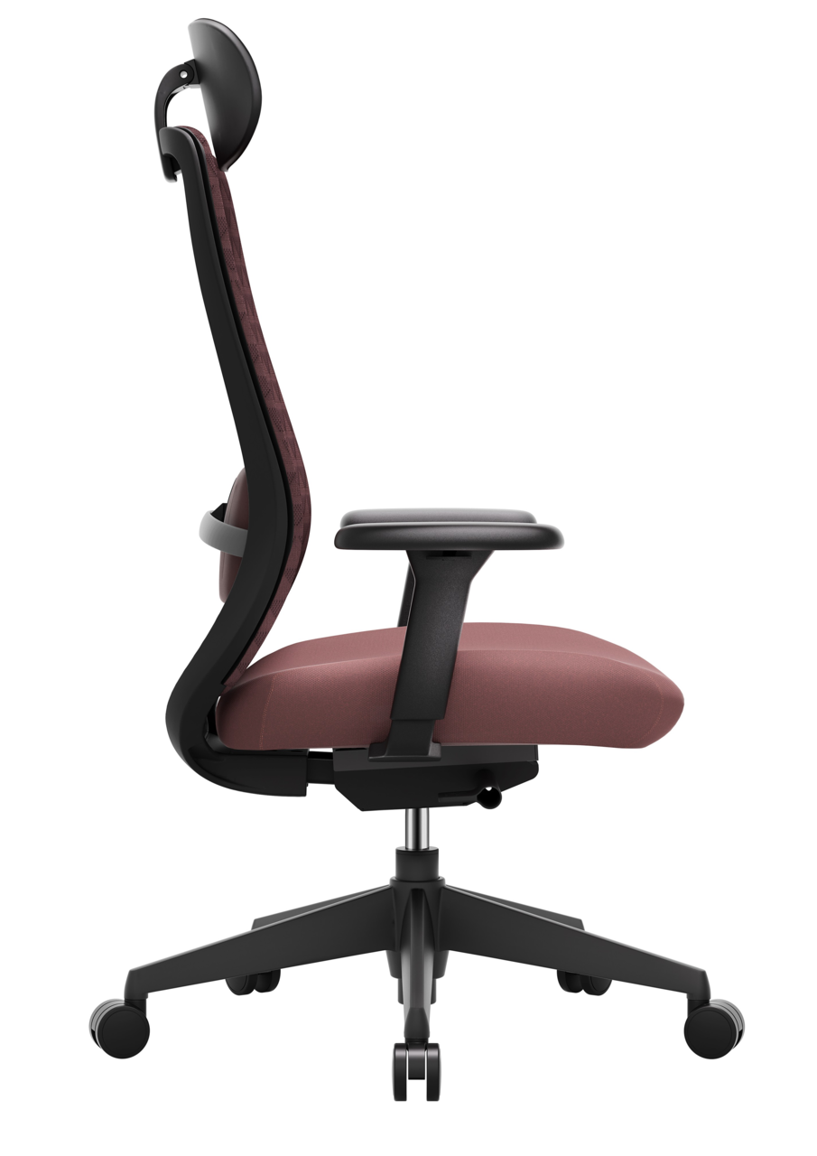 Moderner Drehstuhl in Seitenansicht mit ergonomischer Rückenlehne und gepolstertem Sitz in Bordeauxrot.