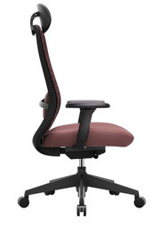 Moderner Drehstuhl in Seitenansicht mit ergonomischer Rückenlehne und gepolstertem Sitz in Bordeauxrot.