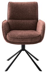 Brauner Armlehnstuhl mit gepolstertem Sitz und Rückenlehne, auf schwarzem Metallgestell, Frontalansicht