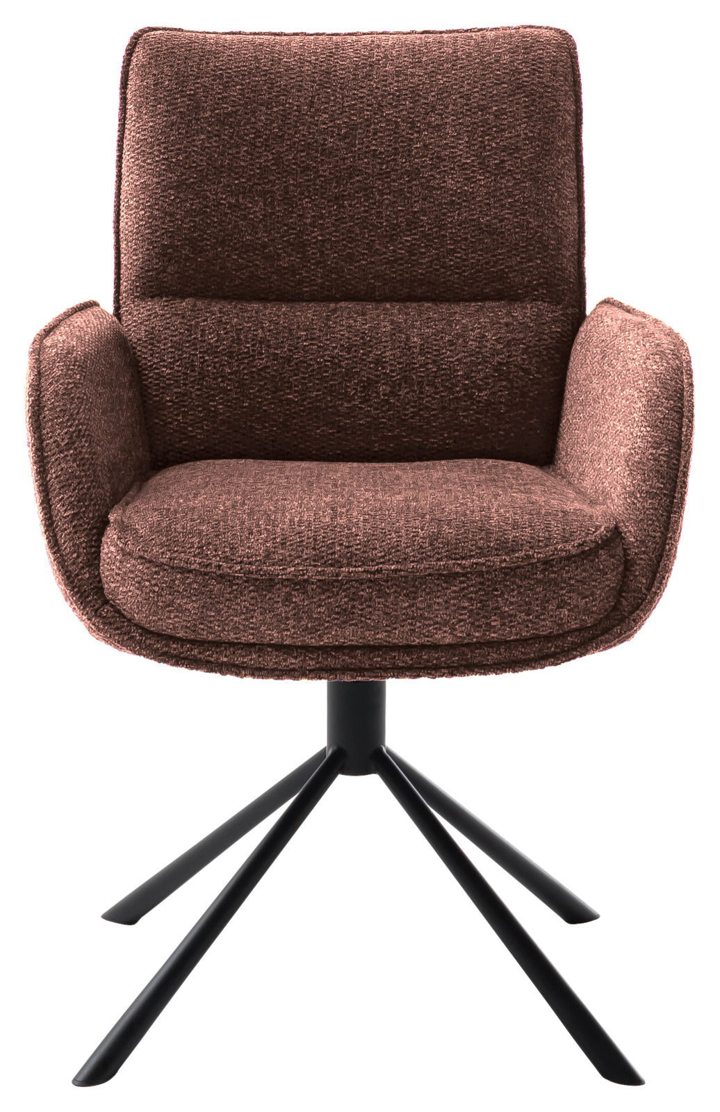 Brauner Armlehnstuhl mit gepolstertem Sitz und Rückenlehne, auf schwarzem Metallgestell, Frontalansicht