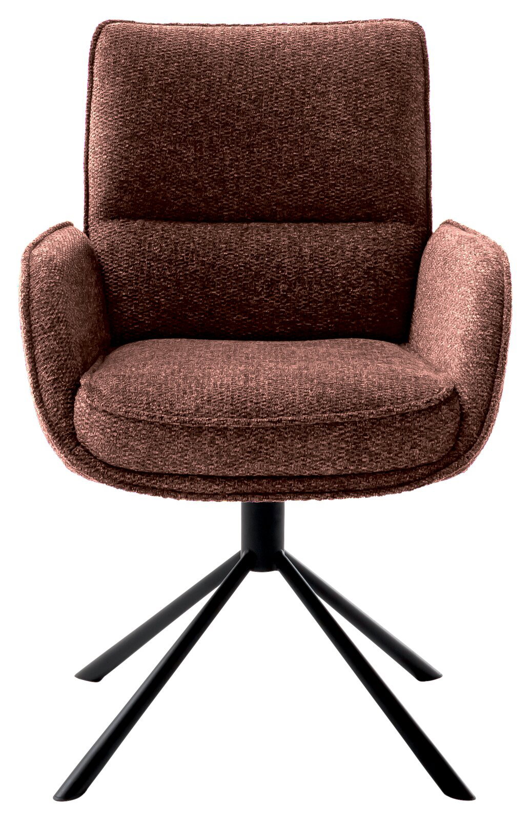 Brauner Armlehnstuhl mit gepolstertem Sitz und Rückenlehne, auf schwarzem Metallgestell, Frontalansicht