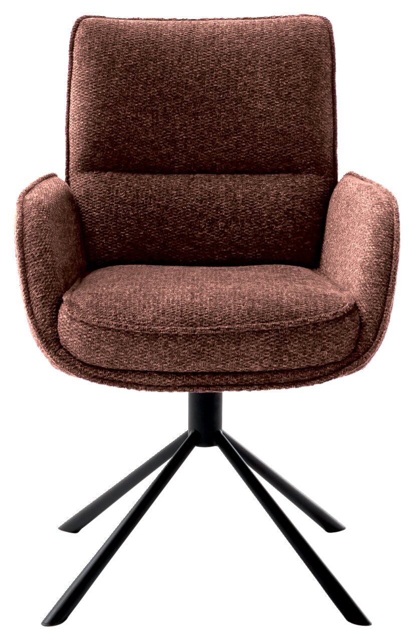 Brauner Armlehnstuhl mit gepolstertem Sitz und Rückenlehne, auf schwarzem Metallgestell, Frontalansicht