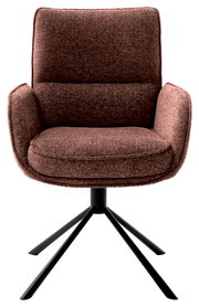 Brauner Armlehnstuhl mit gepolstertem Sitz und Rückenlehne, auf schwarzem Metallgestell, Frontalansicht