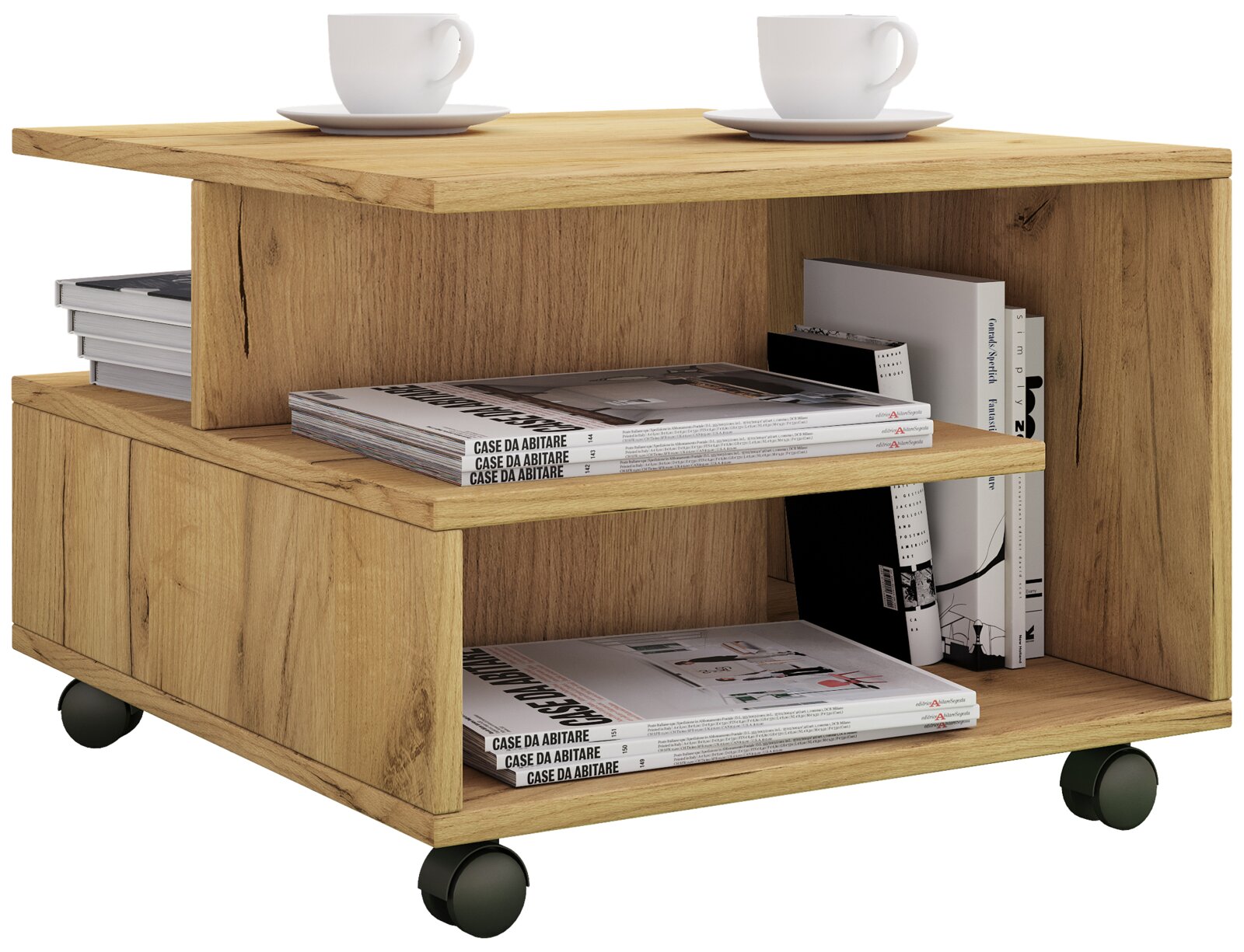Rollbarer Beistell- und Couchtisch aus Holz in Eichenoptik mit Ablagefächern und Büchern, perspektivische Frontansicht schräg von rechts
