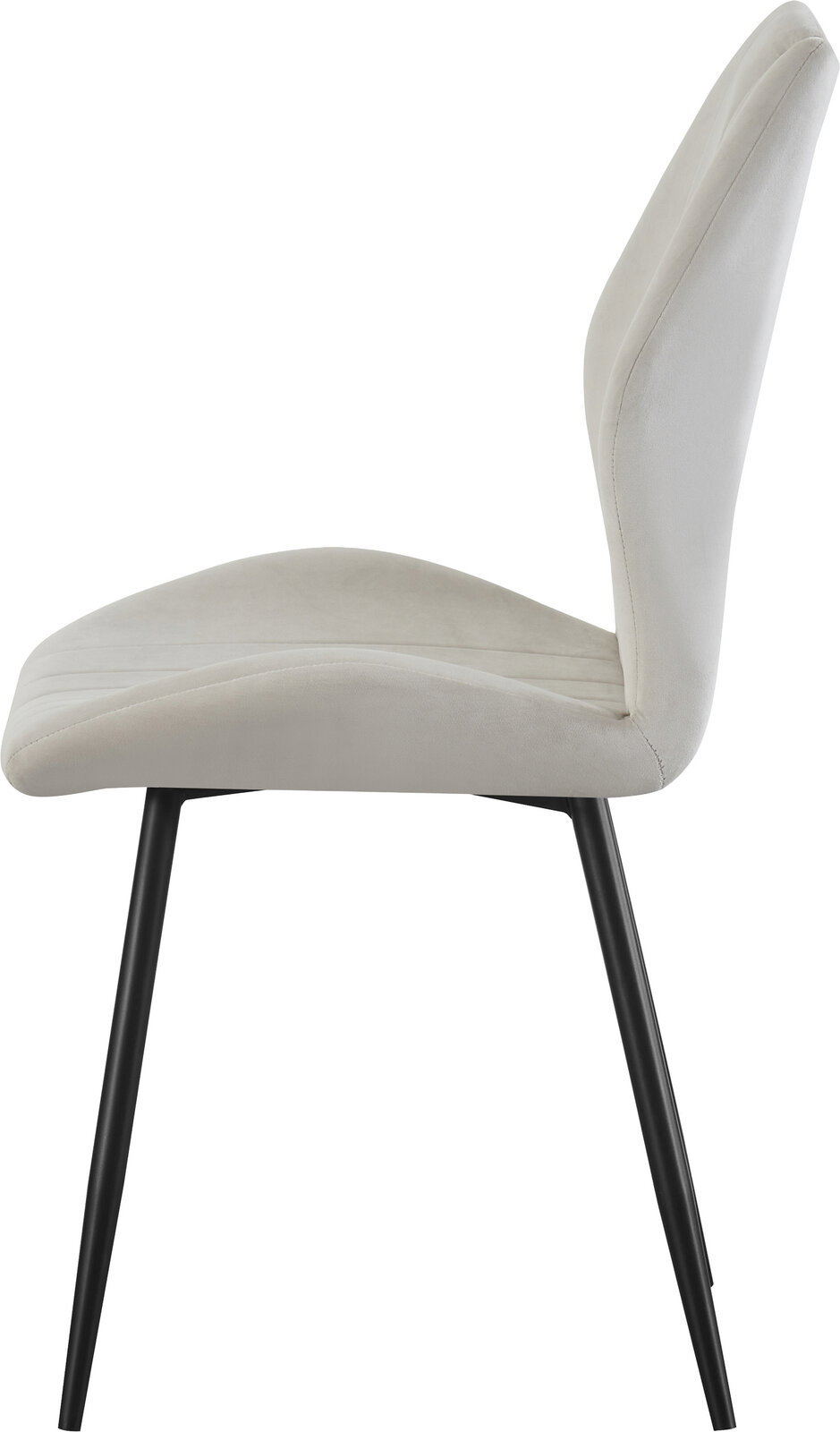 Beiger Polsterstuhl mit hoher Rückenlehne und schwarzen Metallbeinen, Seitenansicht (Profil) vor weißem Hintergrund