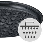 Nahaufnahme des Deckels eines WMF Flavour Bräters mit Wassertropfen und einem Symbol für gleichmäßige Feuchtigkeitsverteilung.