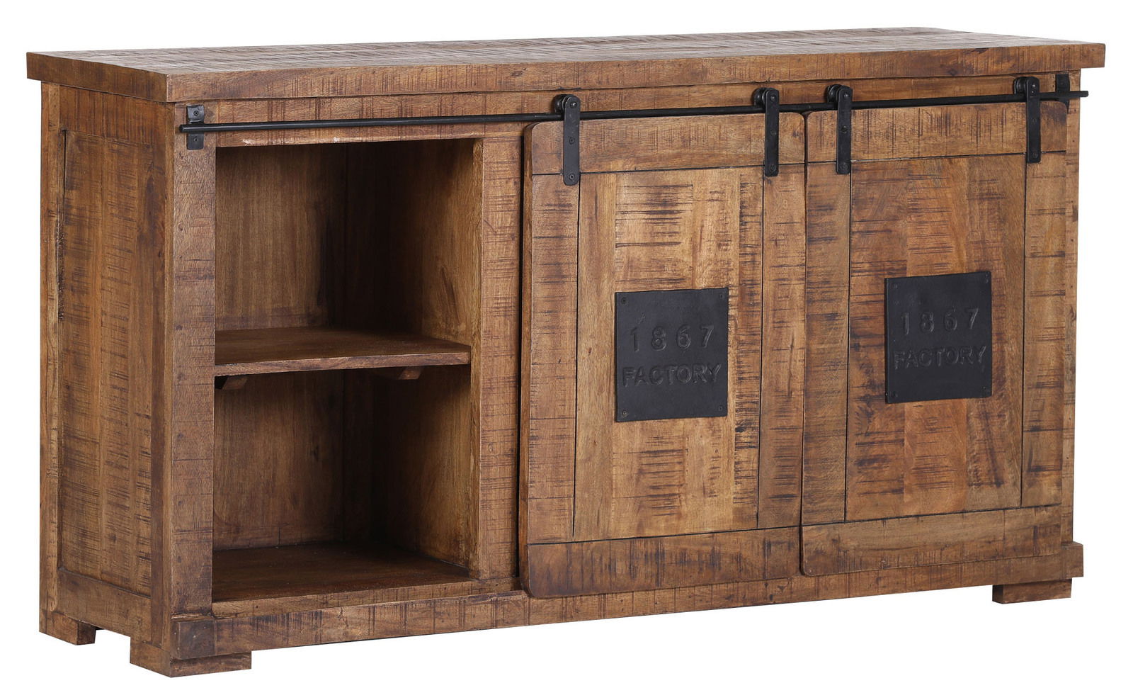 Rustikales Sideboard aus Holz mit Schiebetüren, seitliche Perspektive