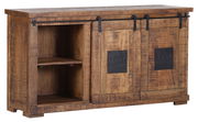 Rustikales Sideboard aus Holz mit Schiebetüren, seitliche Perspektive