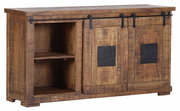 Rustikales Sideboard aus Holz mit Schiebetüren, seitliche Perspektive