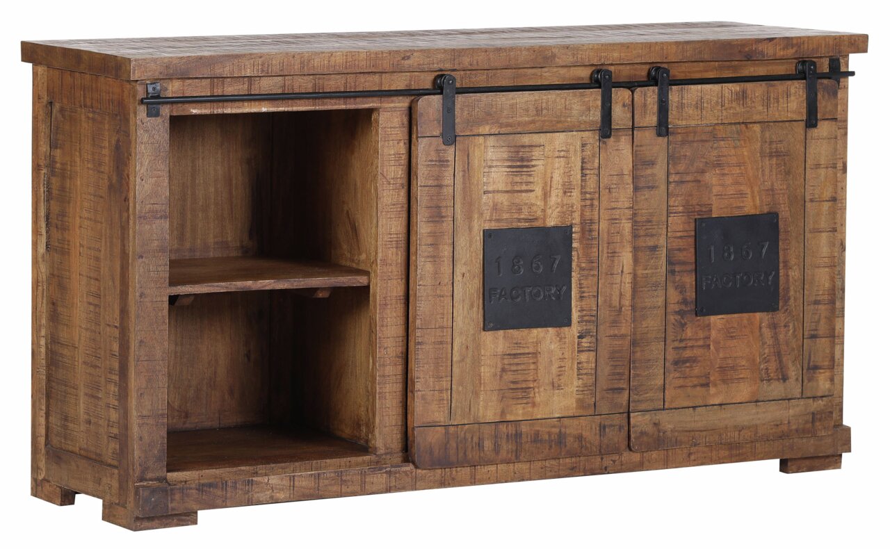 Rustikales Sideboard aus Holz mit Schiebetüren, seitliche Perspektive