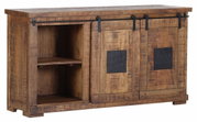 Rustikales Sideboard aus Holz mit Schiebetüren, seitliche Perspektive