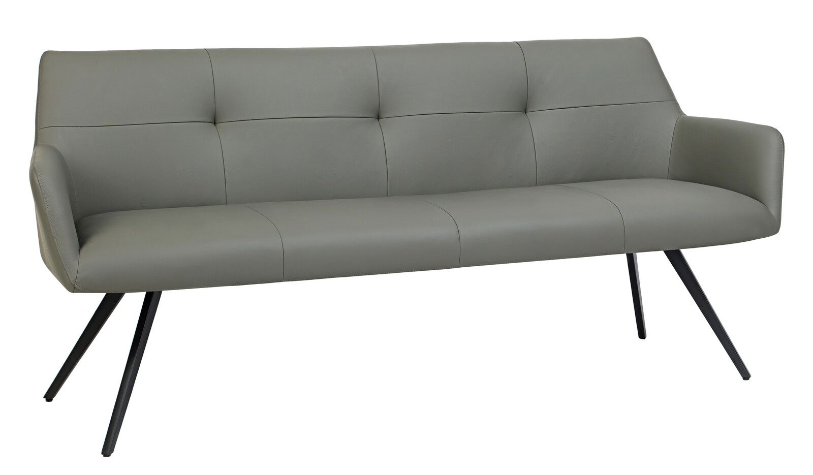 Graue moderne Bank mit gepolsterter Rückenlehne und schrägen schwarzen Metallbeinen, seitliche Perspektive