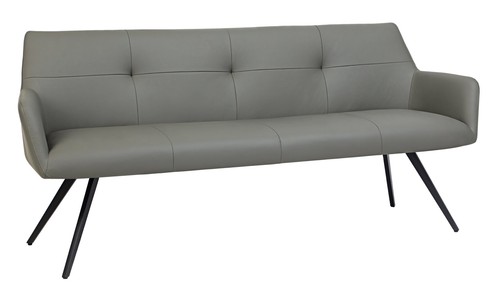 Graue moderne Bank mit gepolsterter Rückenlehne und schrägen schwarzen Metallbeinen, seitliche Perspektive