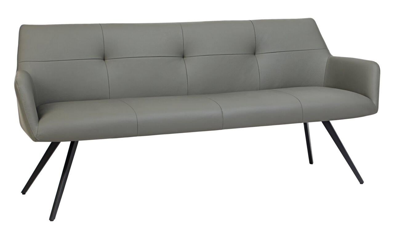 Novel Bank MEDUSA Graue moderne Bank mit gepolsterter Rückenlehne und schrägen schwarzen Metallbeinen, seitliche Perspektive