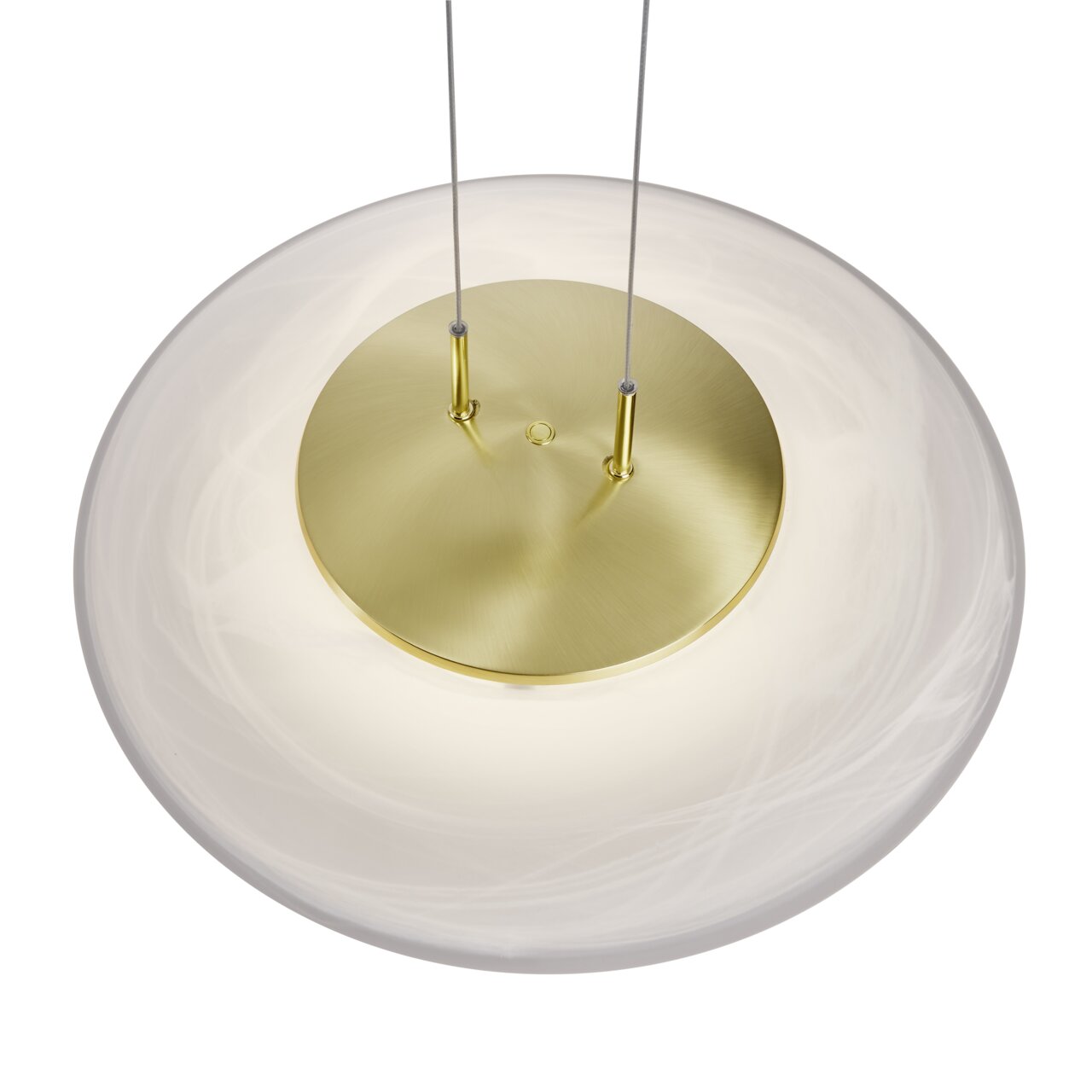 Bovenaanzicht van een FINDUS LED-hanglamp met een gouden, rond element in het midden en twee ophangingen.