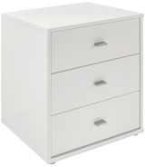 Weiße Nachtkommode mit drei Schubladen, seitliche Perspektive