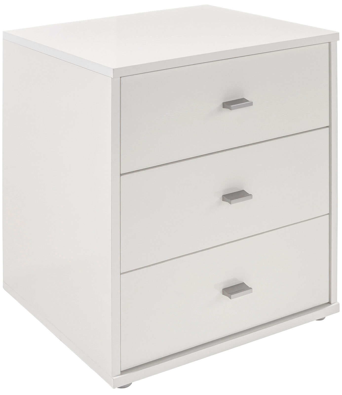 Weiße Nachtkommode mit drei Schubladen, seitliche Perspektive