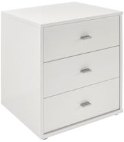 Weiße Nachtkommode mit drei Schubladen, seitliche Perspektive