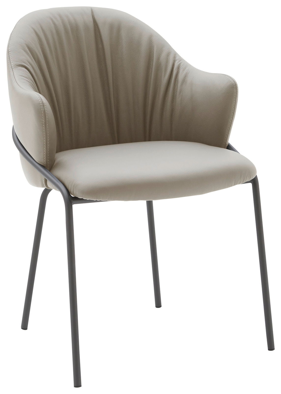 Moderner Armlehnstuhl mit beigem Polster und schwarzem Metallgestell, seitliche Perspektive