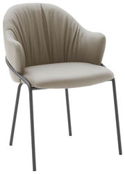 Moderner Armlehnstuhl mit beigem Polster und schwarzem Metallgestell, seitliche Perspektive