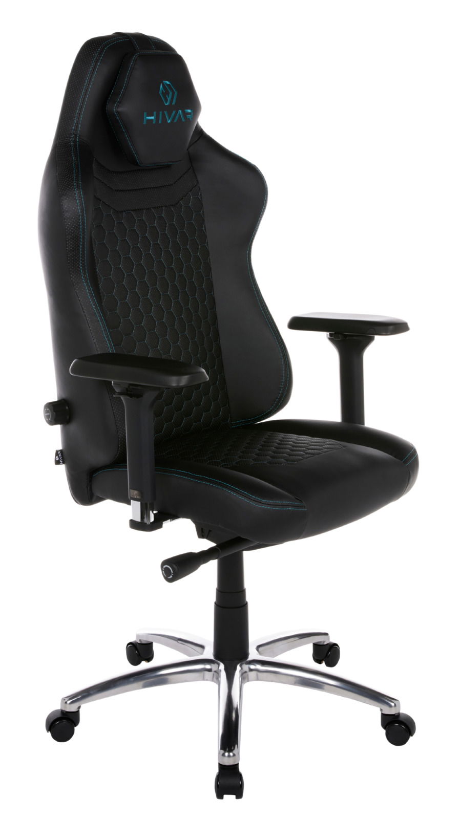 Schwarzer Gaming-Stuhl mit blauen Nähten und ergonomischem Design, seitliche Perspektive