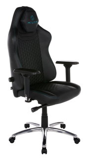 Schwarzer Gaming-Stuhl mit blauen Nähten und ergonomischem Design, seitliche Perspektive