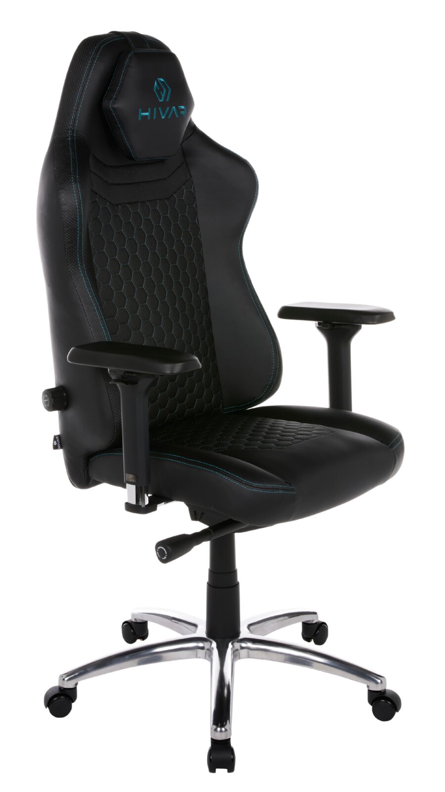 Schwarzer Gaming-Stuhl mit blauen Nähten und ergonomischem Design, seitliche Perspektive