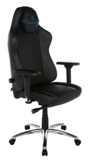 Schwarzer Gaming-Stuhl mit blauen Nähten und ergonomischem Design, seitliche Perspektive