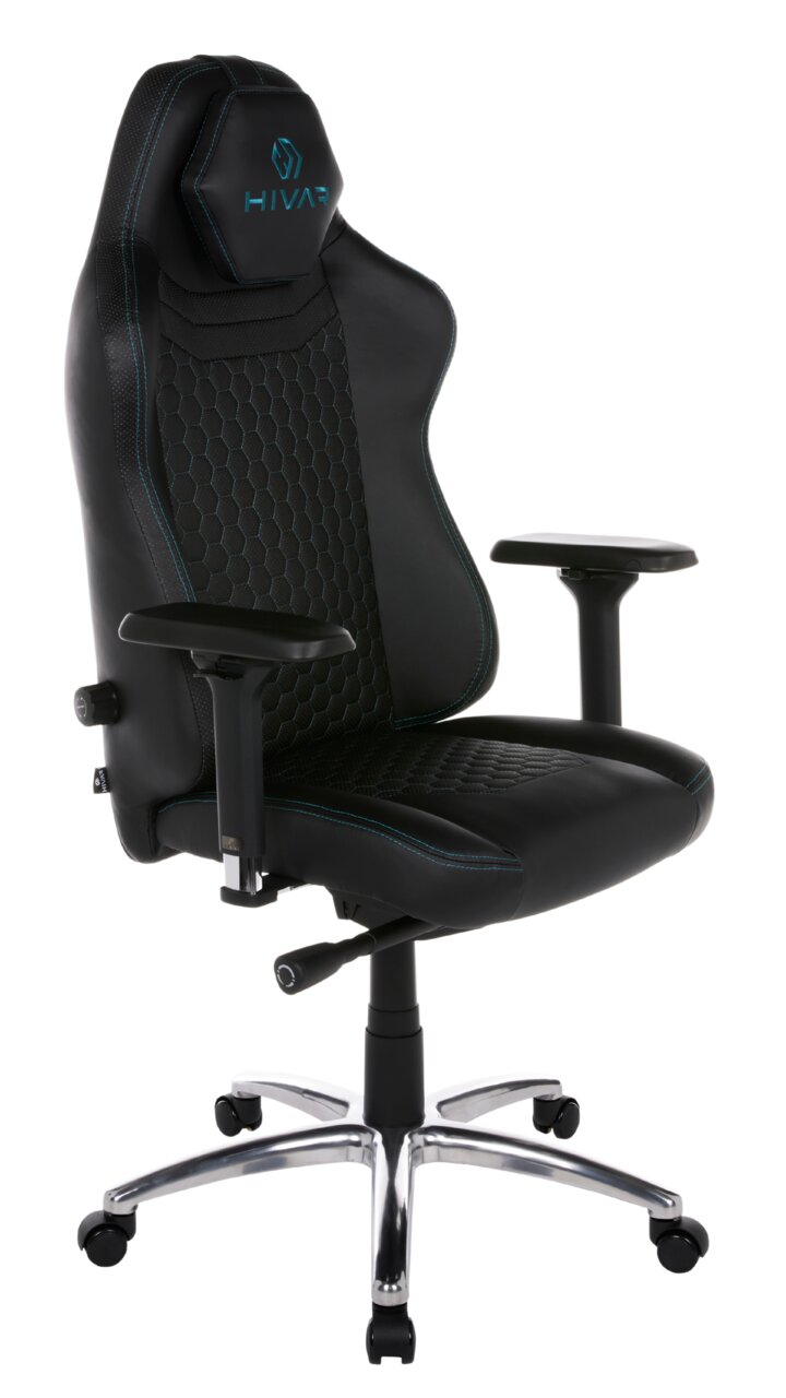 Schwarzer Gaming-Stuhl mit blauen Nähten und ergonomischem Design, seitliche Perspektive