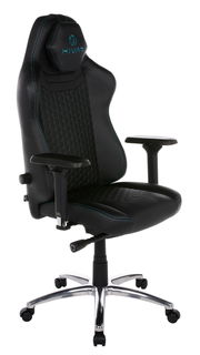 Schwarzer Gaming-Stuhl mit blauen Nähten und ergonomischem Design, seitliche Perspektive