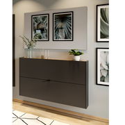 Moderne Garderobe in dunklem Design, an der Wand montiert, mit Dekorationen und Pflanzen, aus seitlicher Perspektive fotografiert.