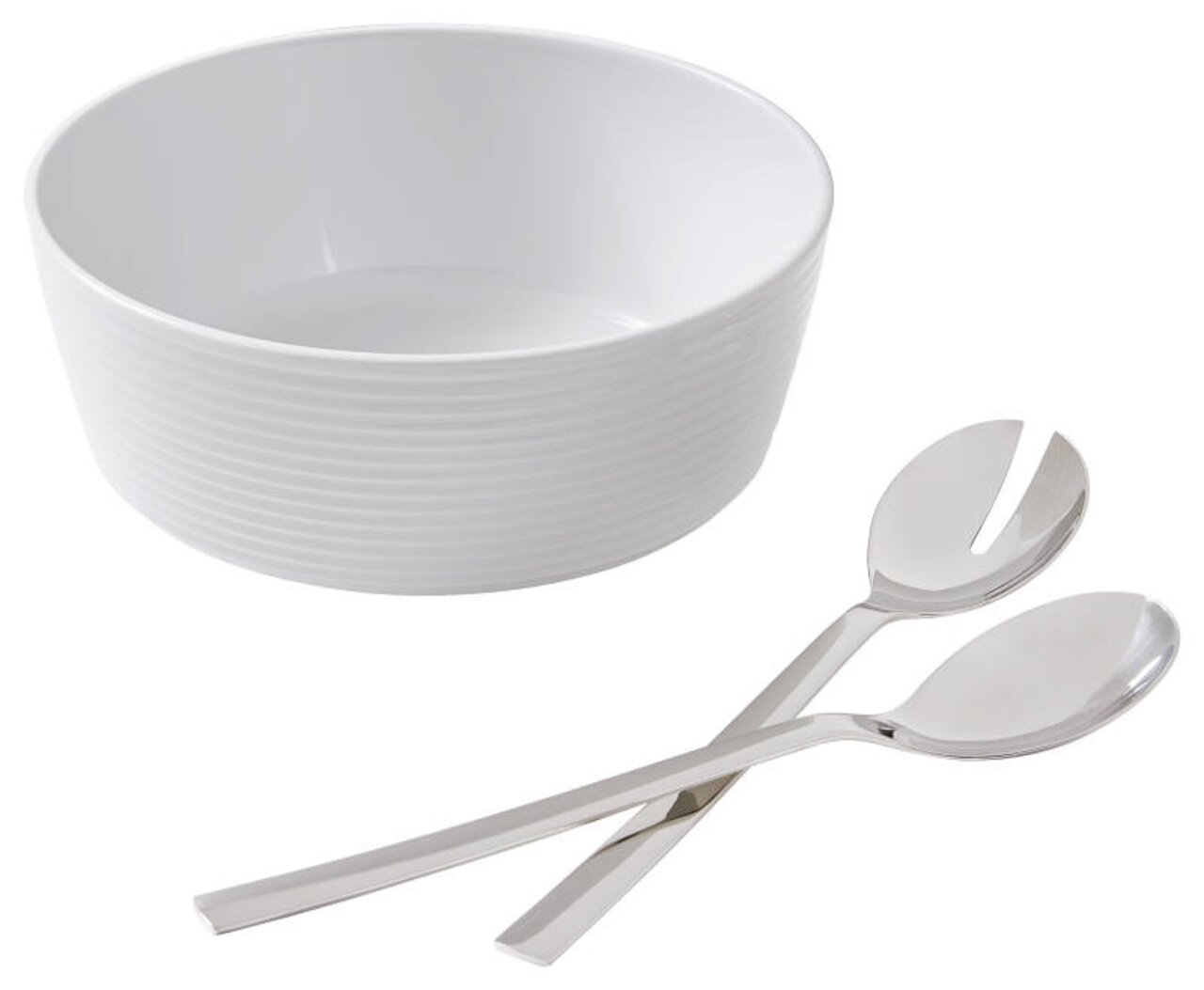 WMF Saladeset, 3-delig Witte slaset bestaande uit een schaal en twee roestvrijstalen slaserviesjes, zijaanzicht