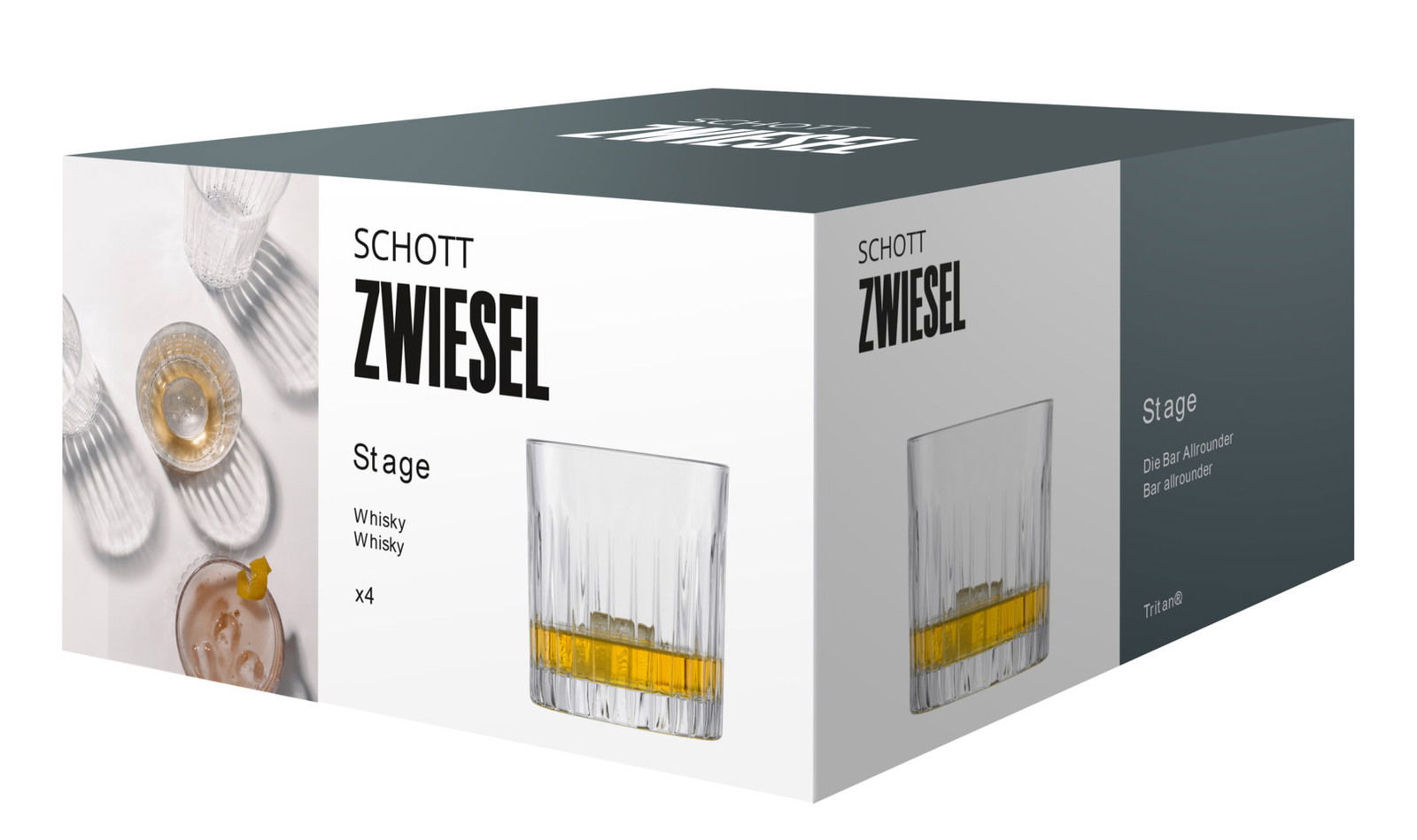 Verpackung des Schott Zwiesel Whiskyglas Stage 4er Sets mit seitlicher Perspektive