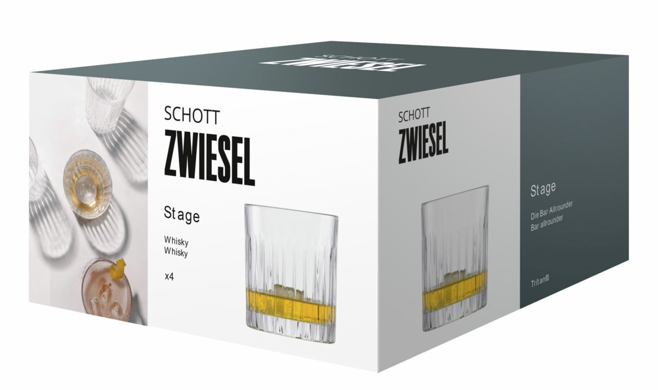 Verpackung des Schott Zwiesel Whiskyglas Stage 4er Sets mit seitlicher Perspektive