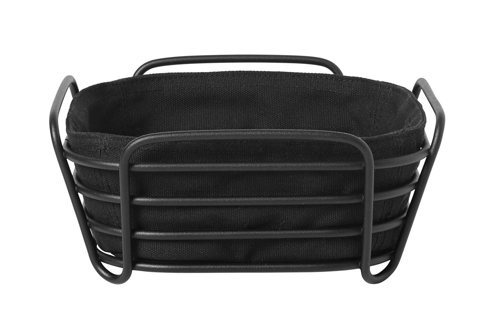 Schwarzer Brotkorb DELARA aus Metall mit Stoffeinsatz, frontal fotografiert.
