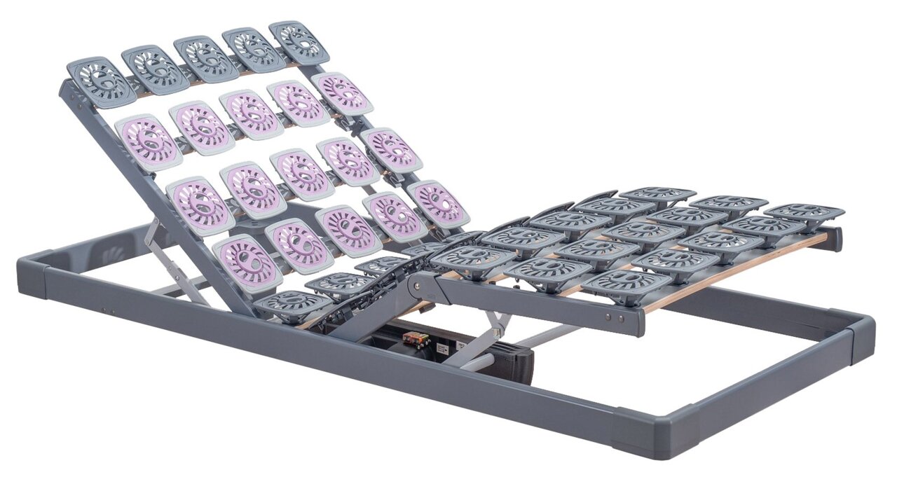 Verstellbarer Systemrahmen 140x200 mit flexiblen Tellerelementen, seitliche Perspektive