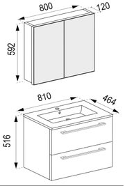 Technische Maßzeichnung eines Badezimmermöbel-Sets: Spiegelschrank mit zwei Türen (800 × 592 × 120 mm) und Waschtischunterschrank mit Waschbecken (810 × 516 × 464 mm), schräg von vorn in isometrischer Perspektive dargestellt.