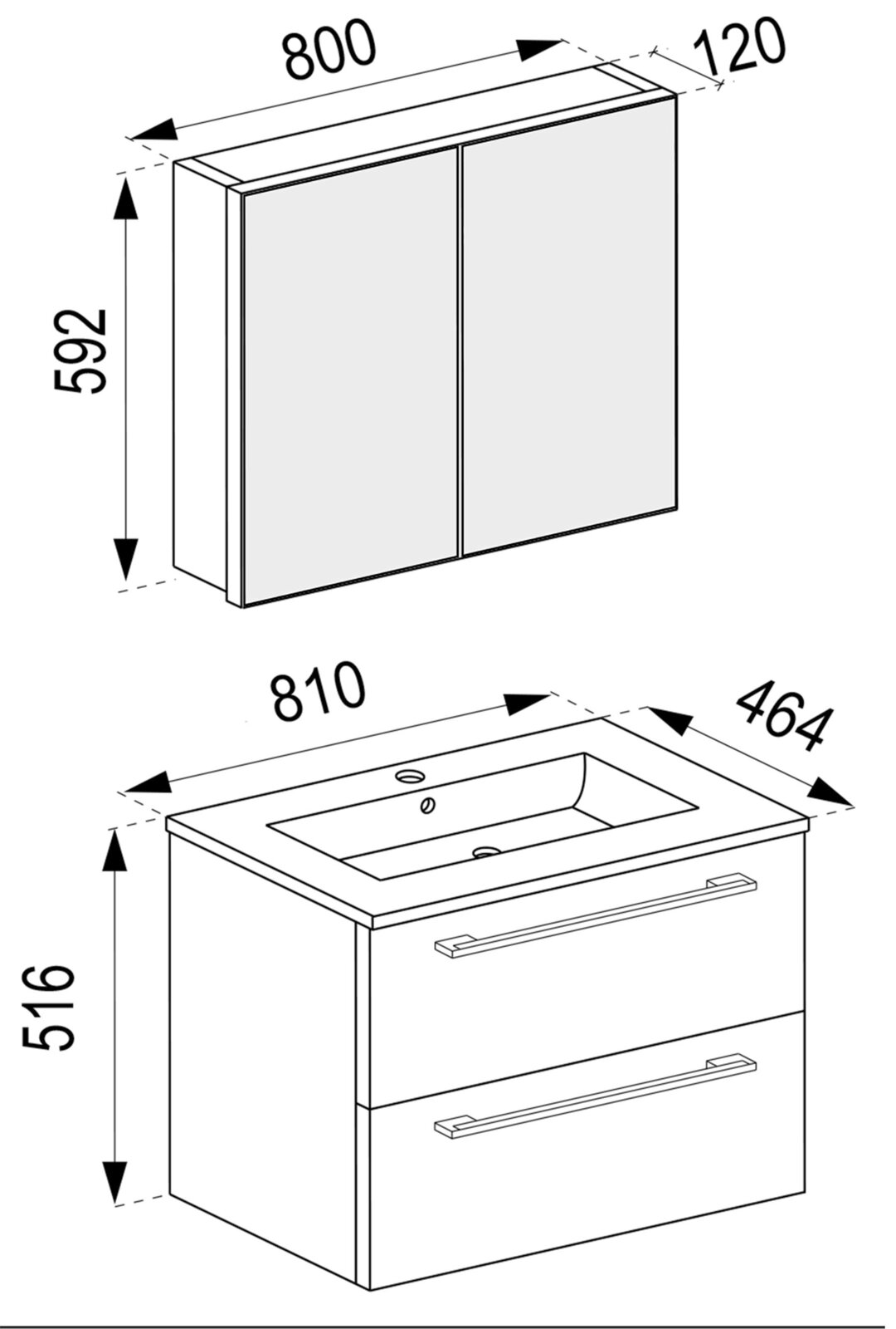 Technische Maßzeichnung eines Badezimmermöbel-Sets: Spiegelschrank mit zwei Türen (800 × 592 × 120 mm) und Waschtischunterschrank mit Waschbecken (810 × 516 × 464 mm), schräg von vorn in isometrischer Perspektive dargestellt.