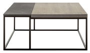 Moderner Couchtisch mit zweifarbiger Tischplatte aus Holz und Stein, seitliche Perspektive