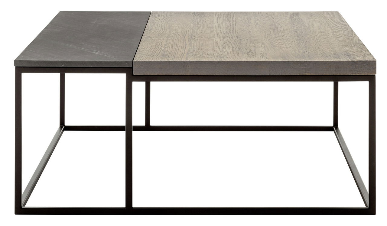 Moderner Couchtisch mit zweifarbiger Tischplatte aus Holz und Stein, seitliche Perspektive