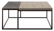 Moderne salontafel met tweekleurig tafelblad van hout en steen, zijaanzicht